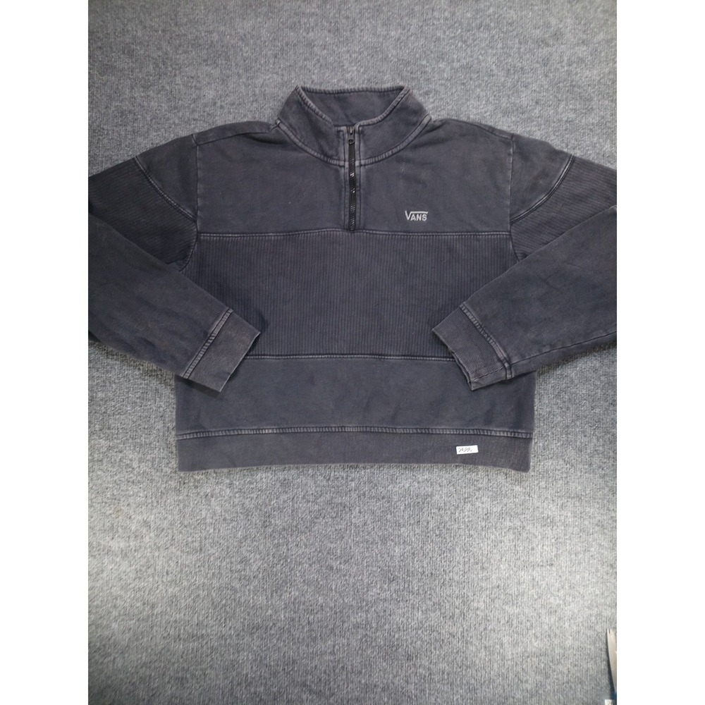 Vans Mens Large Quarter Zip Pullover Sweatshirt Black Gray Washed Fleece Logo